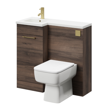 Napoli Combination Walnut 900mm Left Hand L Shaped 1 Door with Brushed Brass Handle Vanity Unit Toilet Suite